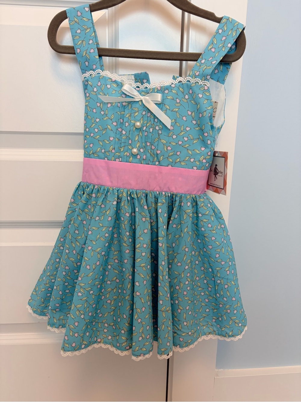 Girls' Blue Floral Tulle-Trim Dress with Pink Waistband